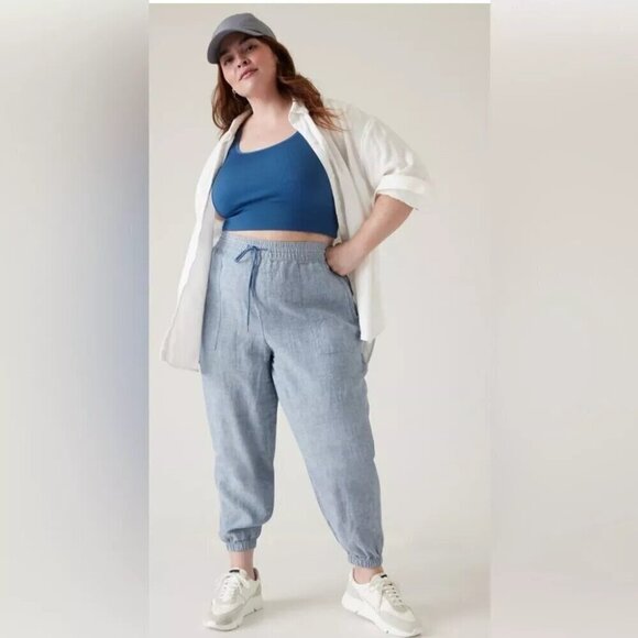 Athleta Retreat High Rise Elastic Waist Chambray 100% Linen Jogger Pants Blue 14 - Picture 1 of 9